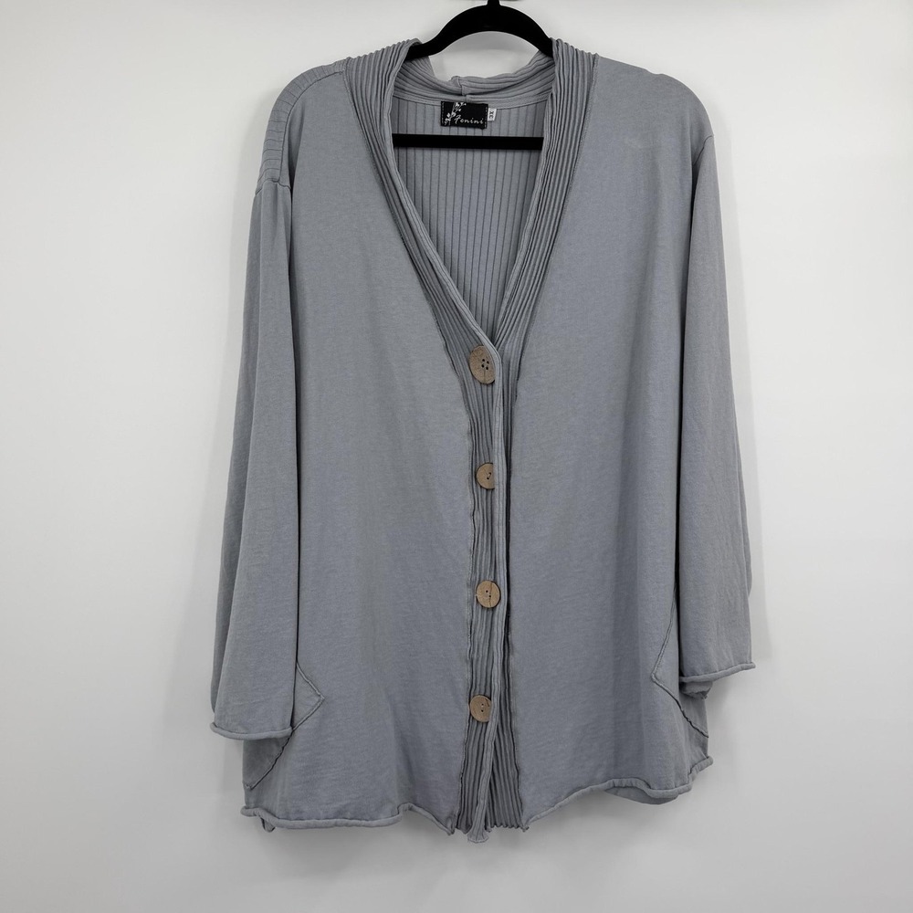 Fenini Tunic Womens 3X Gray V-Neck Long Sleeve Cotton Blend Jersey Button-Up